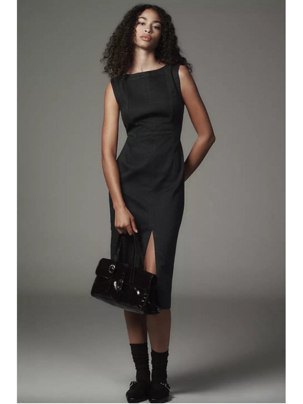 Pilcro Anthropologie Sleeveless Denim Midi Dress Black Front Slit Womens XSP